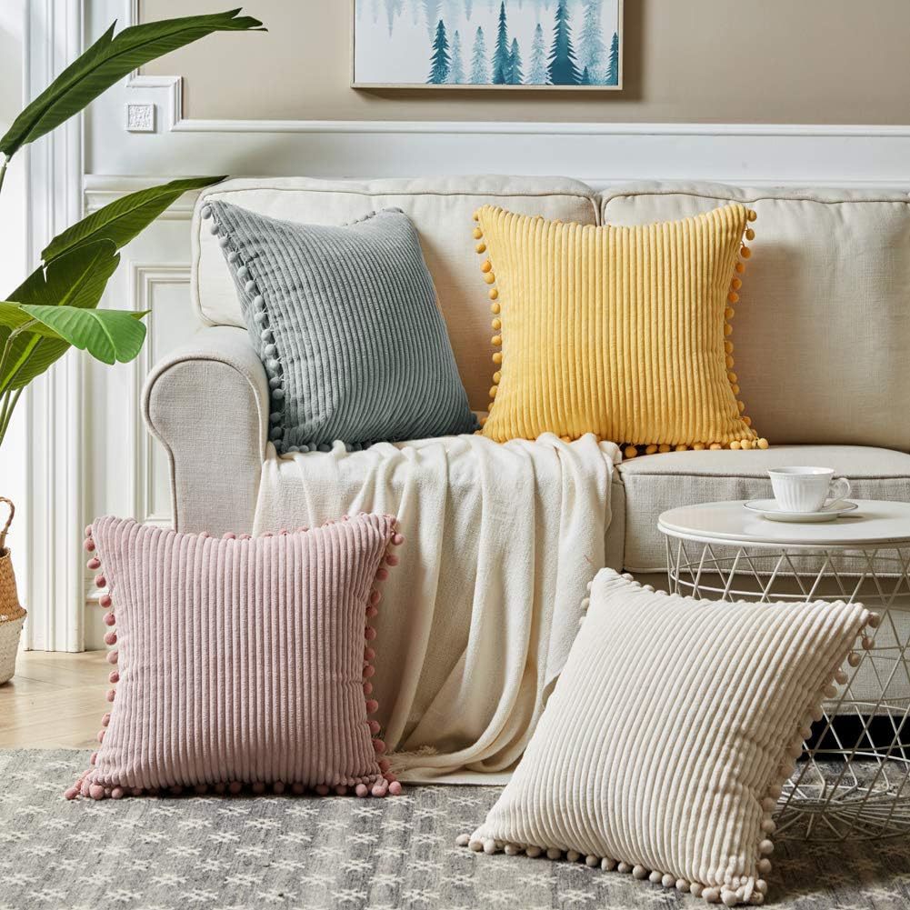Orange Soft Corduroy Cushion Cover Set (1 Square + 1 Rectangular) with Pom Pom Trim - Decorative Throw Pillow Cases for Sofa Couch