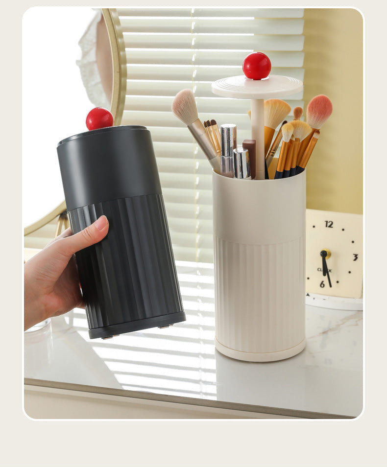 Beige Automatic Lifting Makeup Brush Holder - Dustproof Desktop Organizer with Lid & Compartments
