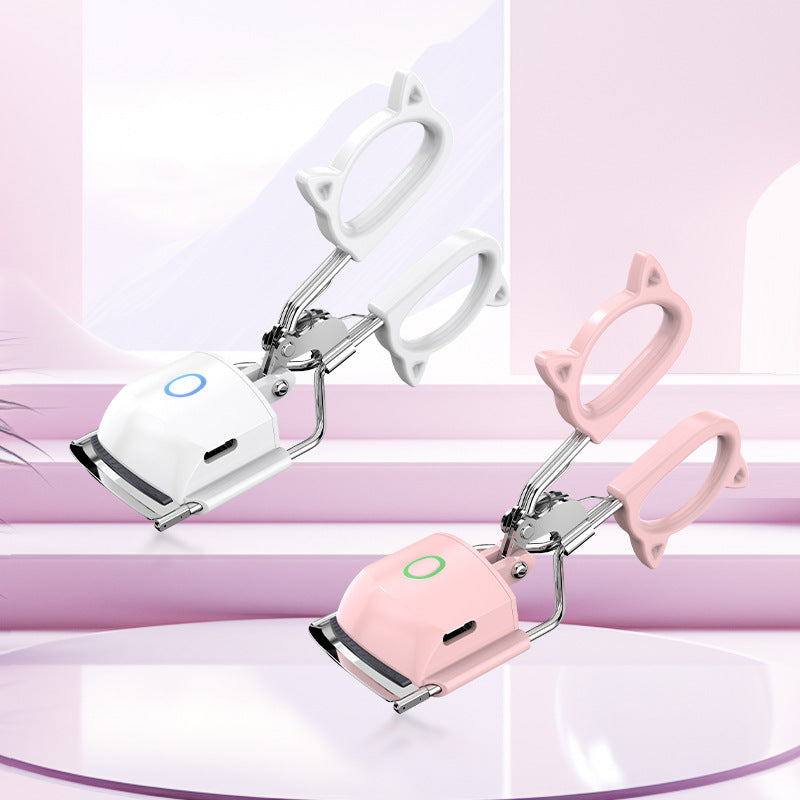White USB-C Rechargeable Heated Eyelash Curler - Gentle Long-Lasting Lift with 2 Temperature Modes & Cute Cat Ear Design