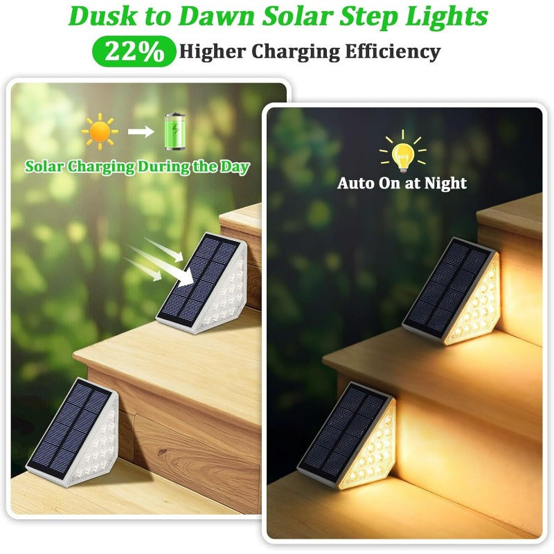 2 Pcs White Bright 14-LED Solar Powered Step Lights - Automatic Outdoor Waterproof Illumination for Stairs, Deck, Pathway & Garden (Warm White)