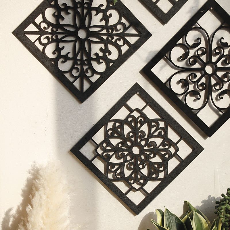 Black Set of 4 Intricate Black Wooden Wall Art Panels - Diamond Mandala Style Home Decor Plaques