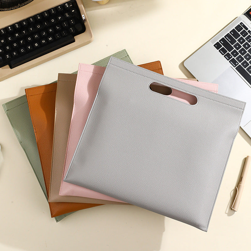 Beige Professional A4 PU Leather Document Bag - Waterproof Handheld File Folder Portfolio for Business & Conference