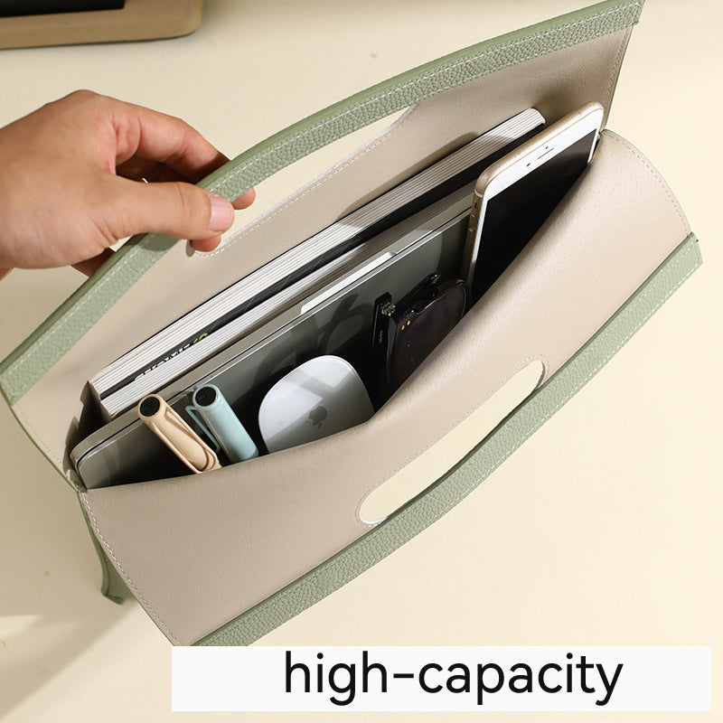 Beige Professional A4 PU Leather Document Bag - Waterproof Handheld File Folder Portfolio for Business & Conference