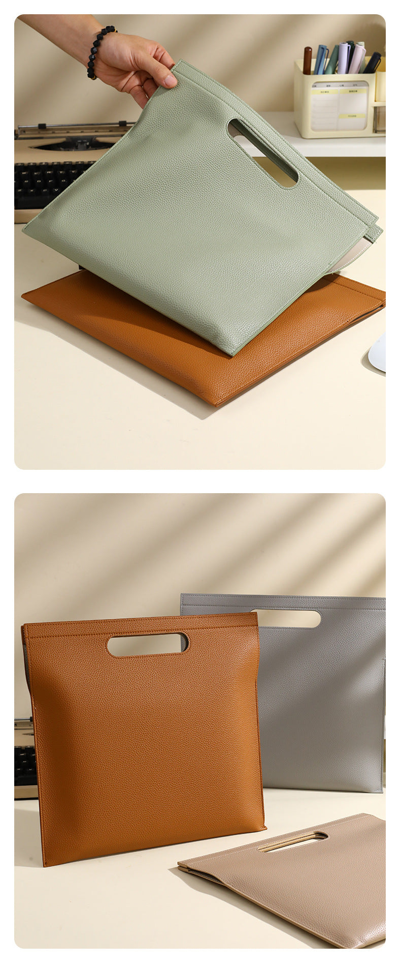 Beige Professional A4 PU Leather Document Bag - Waterproof Handheld File Folder Portfolio for Business & Conference