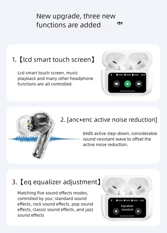 White AuraTune Pro: TWS Earbuds with Interactive LCD Case, ANC+ENC Noise Cancellation, AI Translation & EQ Modes