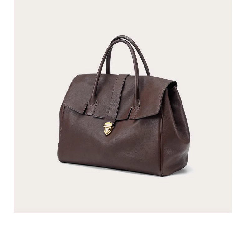 Size L Black Elegant Women's Leather Briefcase Tote - Vintage Style Large Capacity Commuter Handbag - Premium Cowhide Leather