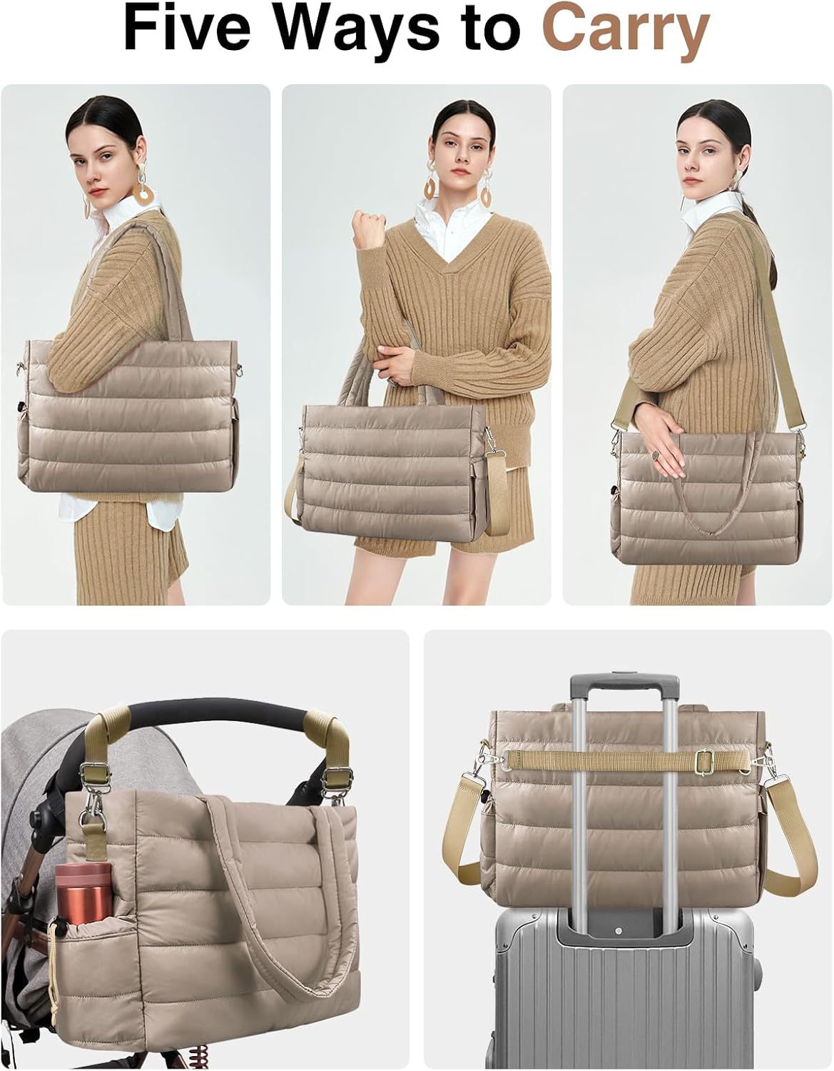 Dark Green Stylish Quilted Nylon Tote Bag - Large Capacity Diaper Nappy Bag for Travel & Stroller with Adjustable Straps
