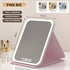Pink Large Foldable LED Makeup Mirror - Portable Desktop Vanity with 3 Color Lights, Stepless Dimming & Adjustable Stand