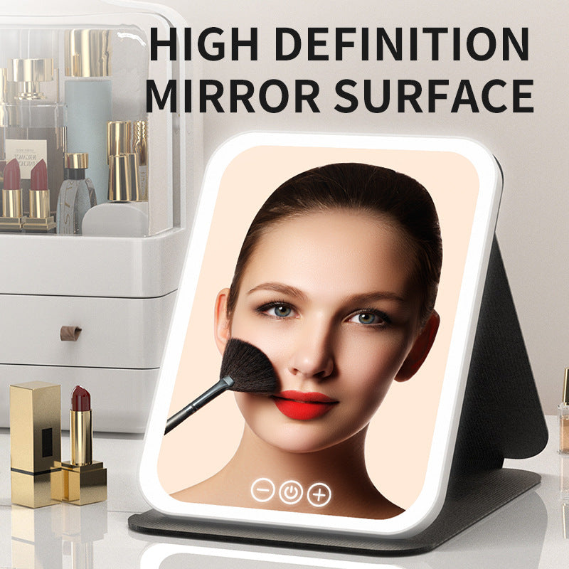 White Small Foldable LED Makeup Mirror - Portable Desktop Vanity with 3 Color Lights, Stepless Dimming & Adjustable Stand