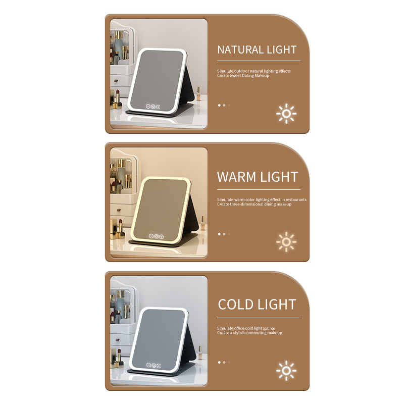 White Small Foldable LED Makeup Mirror - Portable Desktop Vanity with 3 Color Lights, Stepless Dimming & Adjustable Stand