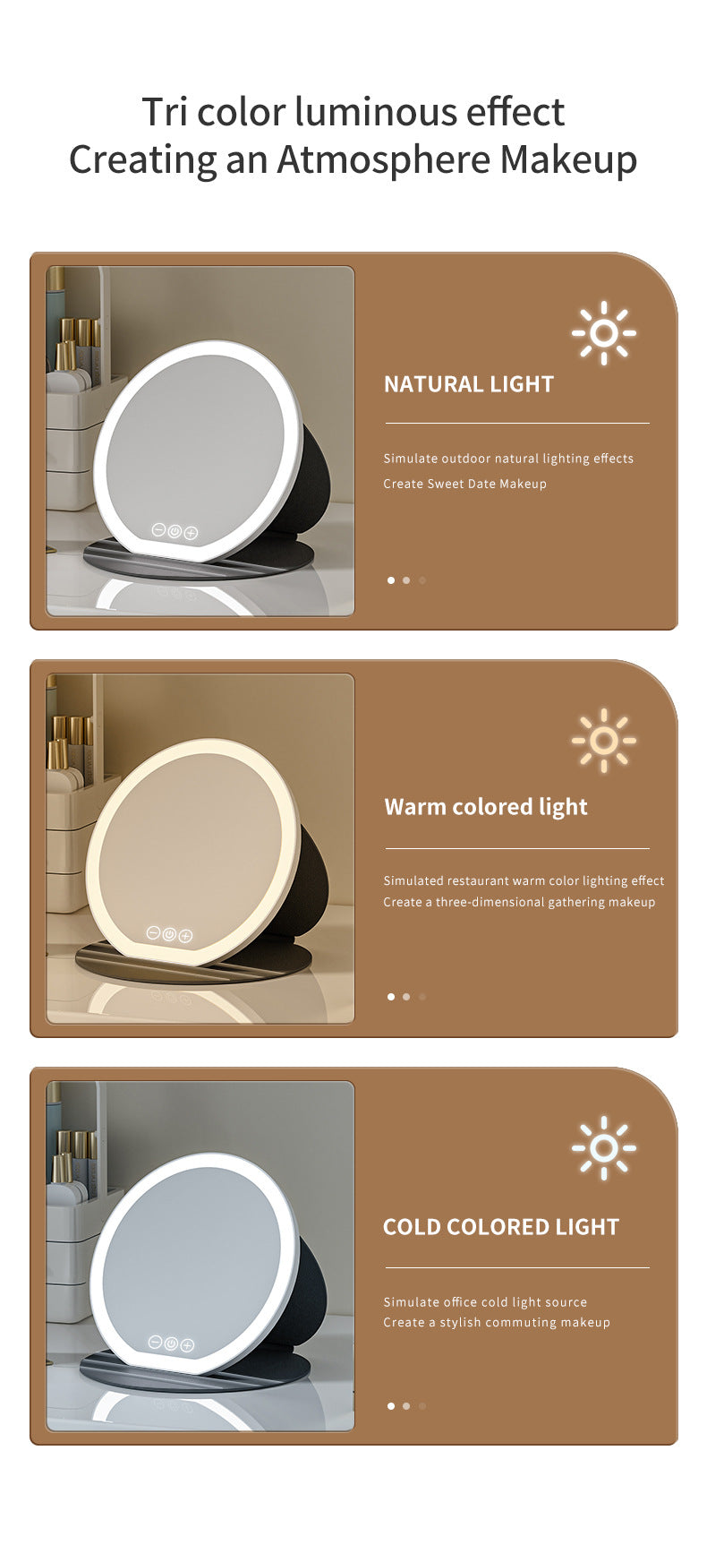 White Large Round Foldable LED Makeup Mirror - 22cm Desktop Vanity with 3 Color Lights & Stepless Dimming