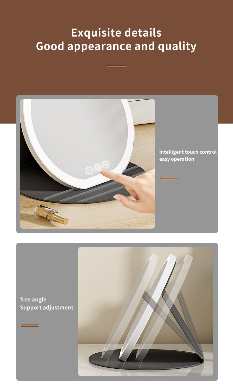 White Large Round Foldable LED Makeup Mirror - 22cm Desktop Vanity with 3 Color Lights & Stepless Dimming