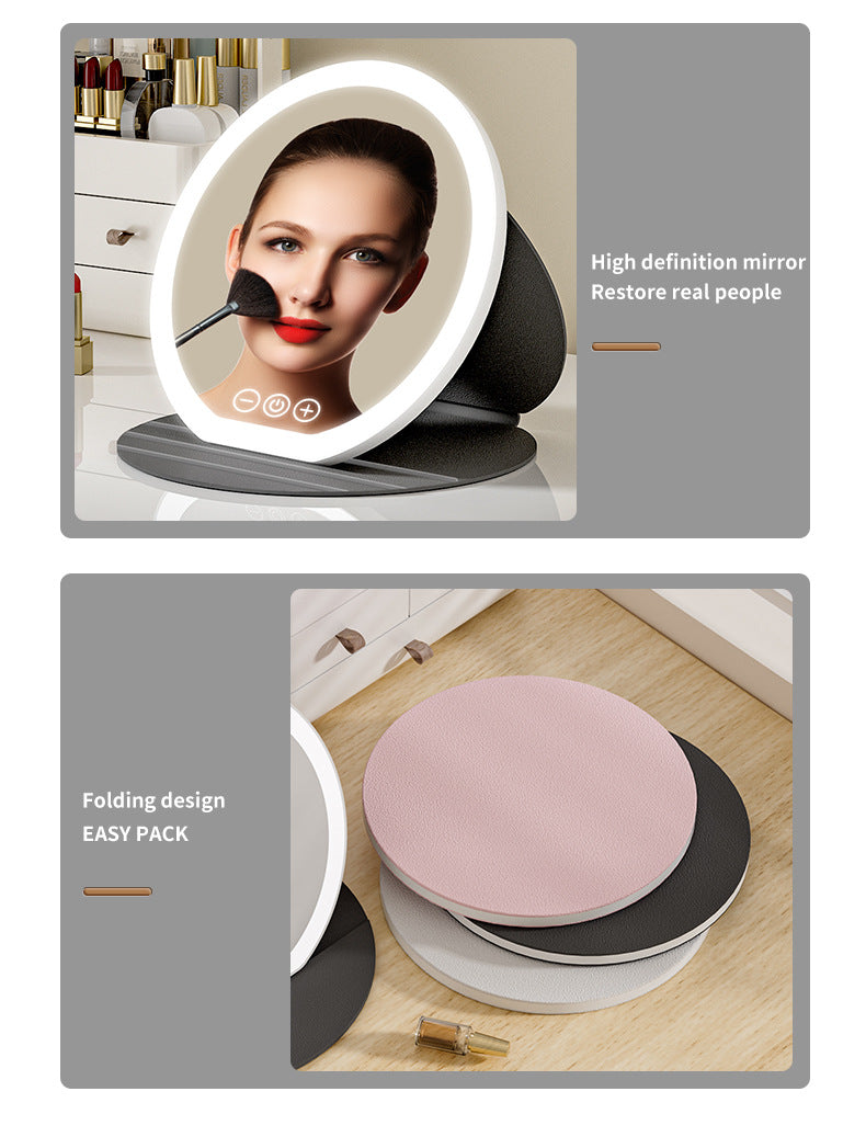 White Large Round Foldable LED Makeup Mirror - 22cm Desktop Vanity with 3 Color Lights & Stepless Dimming
