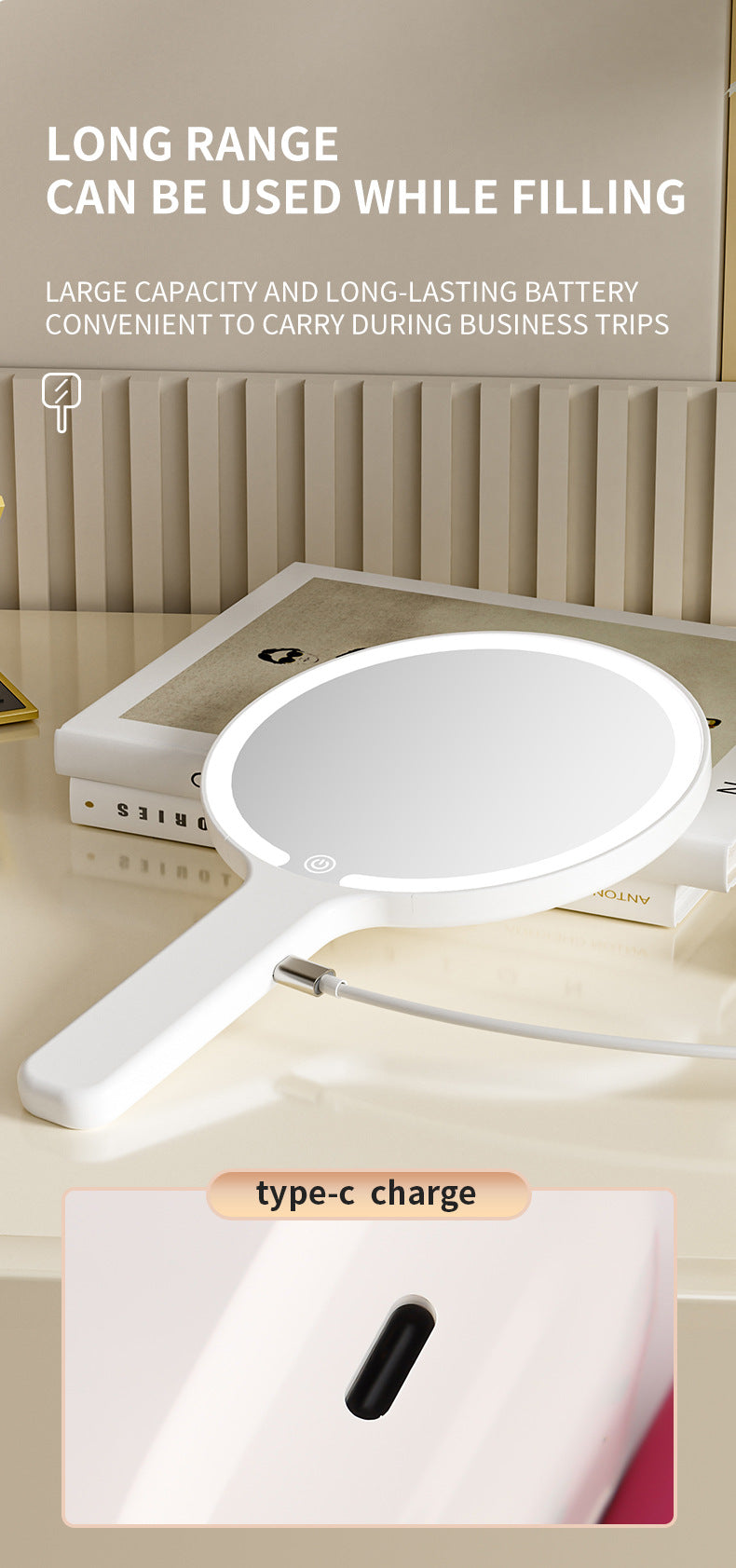 White Square Portable Handheld LED Makeup Mirror - USB-C Rechargeable with 3 Color Light Modes for On-The-Go Touch-Ups