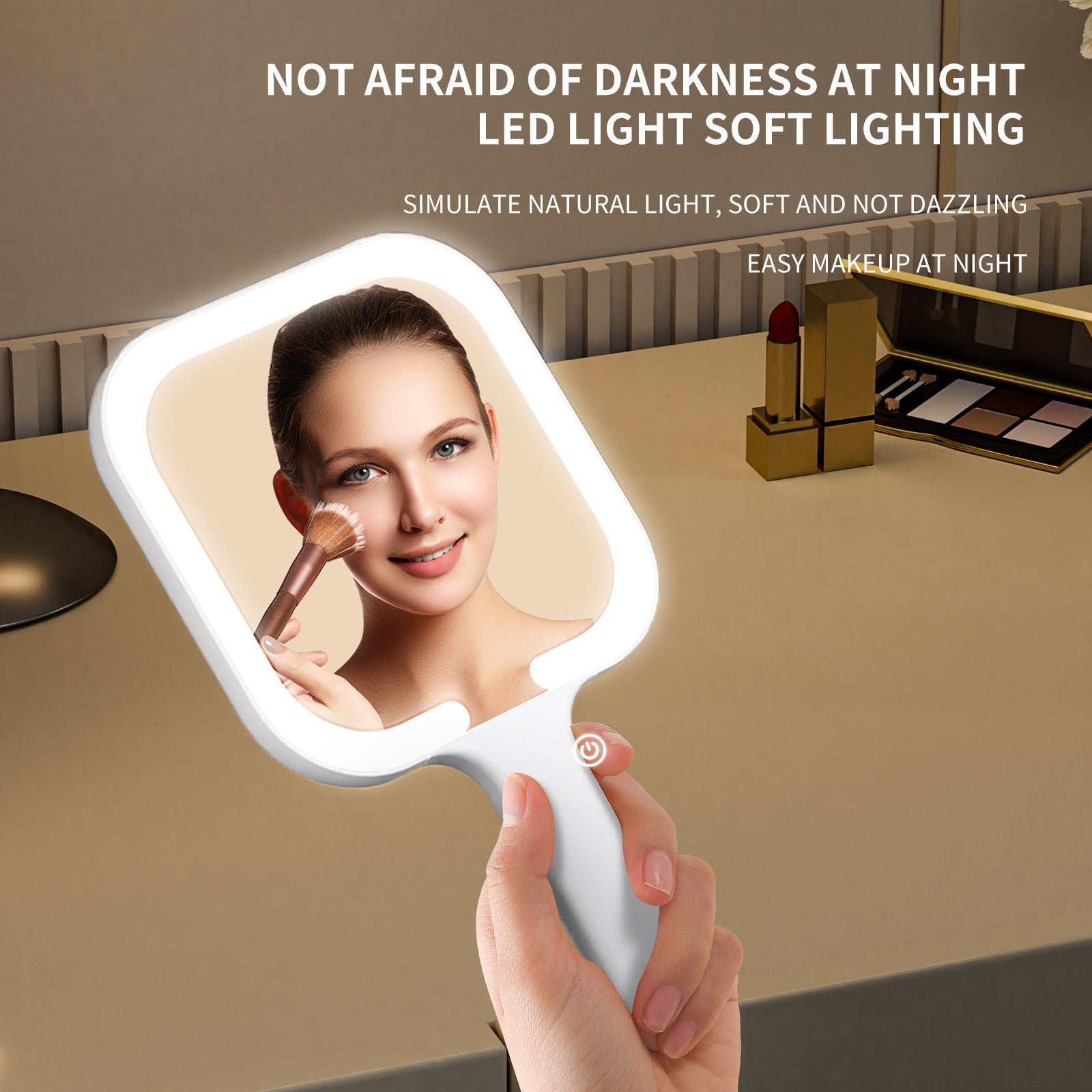 Light Yellow Round Portable Handheld LED Makeup Mirror - USB-C Rechargeable with 3 Color Light Modes for On-The-Go Touch-Ups