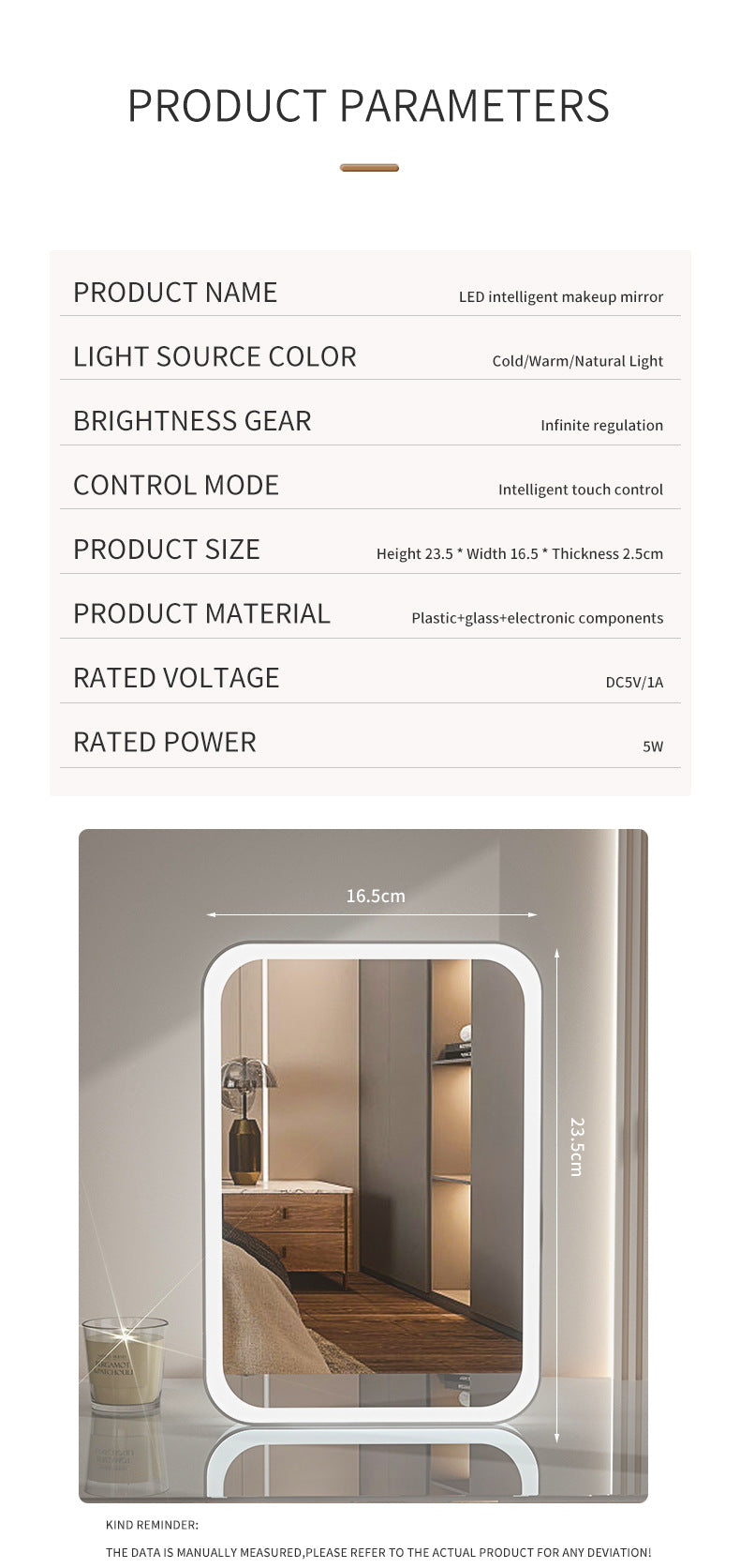 White Professional LED Vanity Mirror - 3 Color Lights, Stepless Dimming & Adjustable Rotating Stand, USB-C Rechargeable