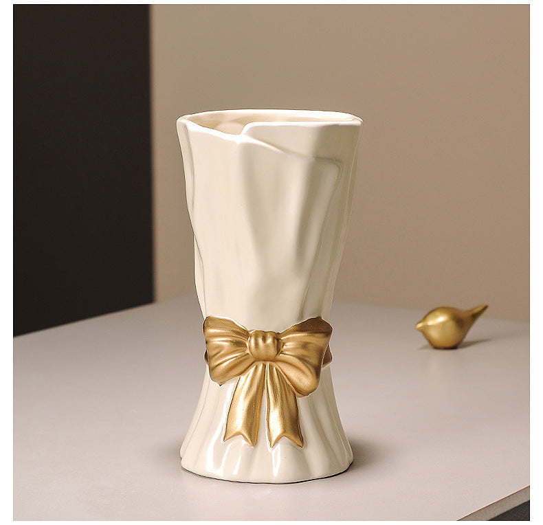 Green Elegant Ceramic Vase with Golden Bow Accent - Textured Relief Flower Holder for Living Room & Dining Table Decor