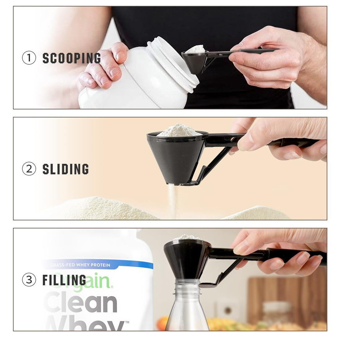 Black 2-Pack No-Spill Sliding Scoop & Funnel - Mess-Free for Protein Powder, Coffee, Formula