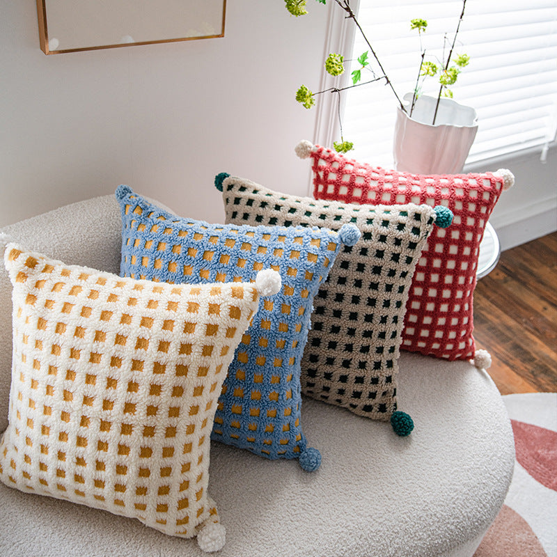 Red and Beige 3D Checkered Cushion Cover with Pom Poms - Soft Decorative Pillow Case for Sofa & Living Room (45x45cm, Cover Only)
