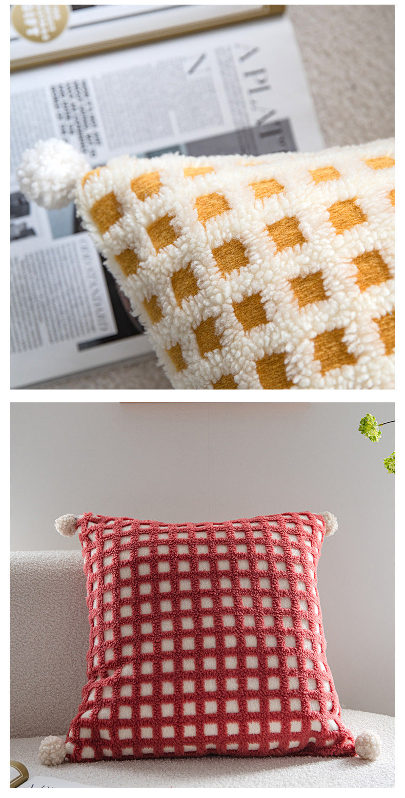 Beige and Green 3D Checkered Cushion Cover with Pom Poms - Soft Decorative Pillow Case for Sofa & Living Room (45x45cm, Cover Only)
