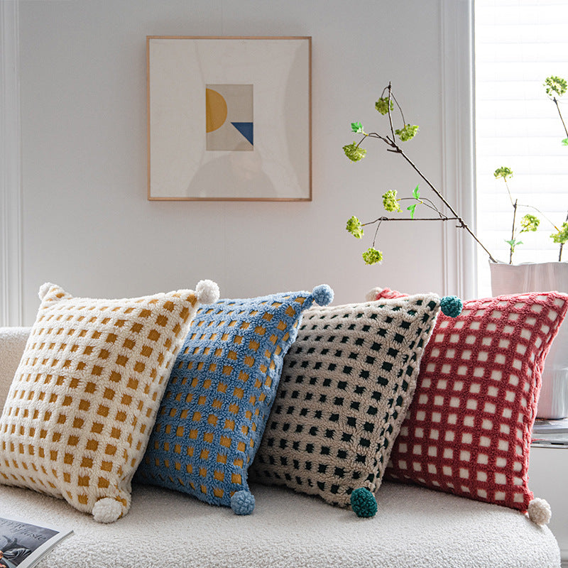 Beige and Yellow 3D Checkered Cushion Cover with Pom Poms - Soft Decorative Pillow Case for Sofa & Living Room (45x45cm, Cover Only)