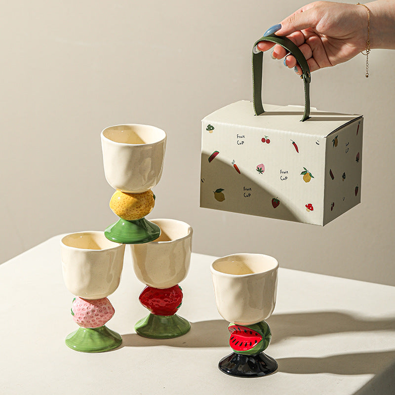 Red Whimsical Strawberry Stem Ceramic Goblet - 150ml Hand-Painted Strawberry Design, Unique Coffee & Drinkware Gift with Box