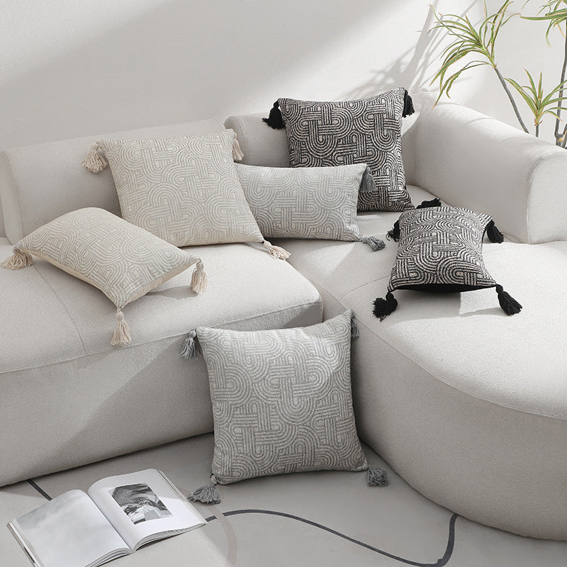 Grey Chic Geometric Jacquard Cushion Covers with Tassels - Set of 2, Plush Blend for Sofa & Bed Decor (45x45cm, Insert Not Included)
