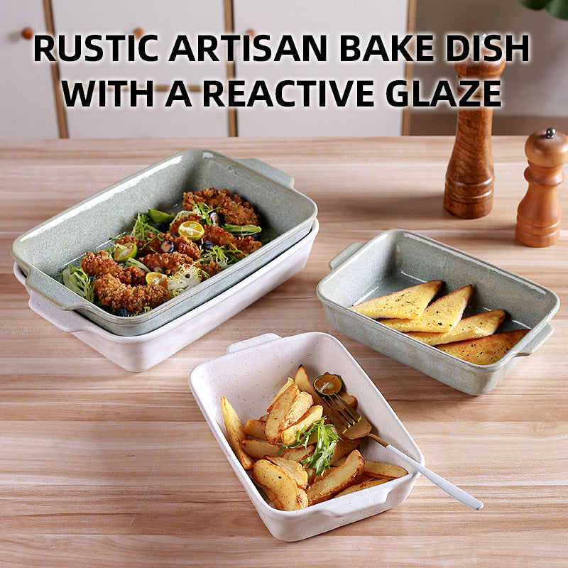 White Elegant Speckled Ceramic Rectangular Baking Dish - 800ML Oven & Microwave Safe Casserole Pan with Handles