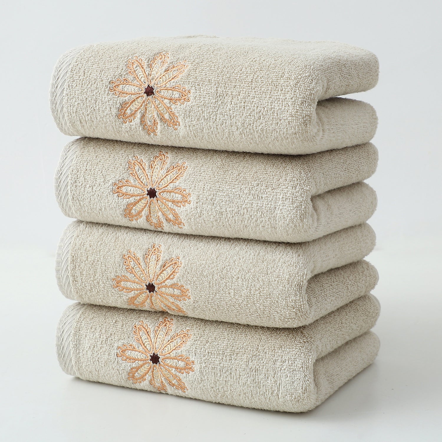 Beige 4-Pack Elegant Orange Floral Embroidered Cotton Hand Towels - Ultra Soft & Absorbent