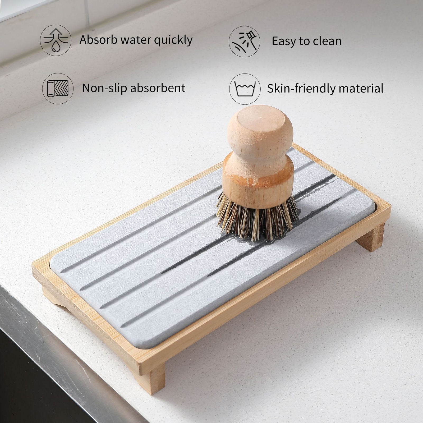Dark Grey Natural Diatomaceous Earth Absorbent Drying Tray with Bamboo Base - Quick-Dry Stone Mat for Kitchen & Bathroom Sink