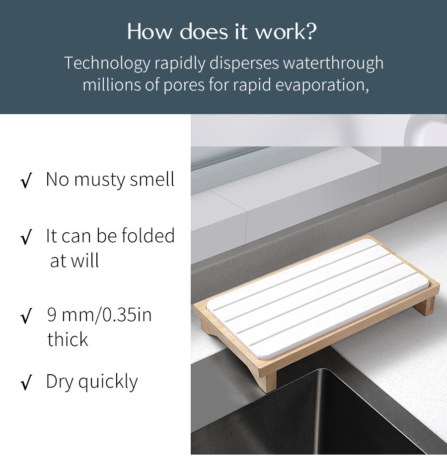 Dark Grey Natural Diatomaceous Earth Absorbent Drying Tray with Bamboo Base - Quick-Dry Stone Mat for Kitchen & Bathroom Sink