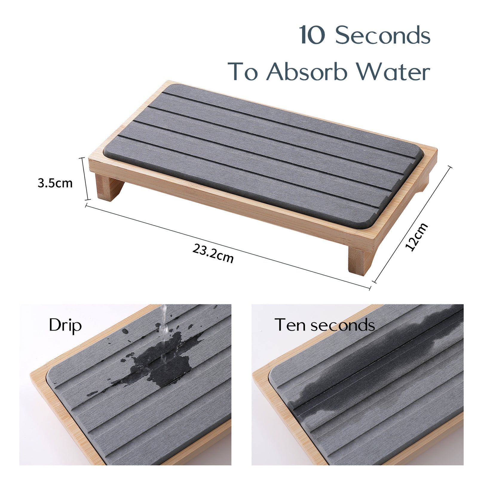 White Natural Diatomaceous Earth Absorbent Drying Tray with Bamboo Base - Quick-Dry Stone Mat for Kitchen & Bathroom Sink