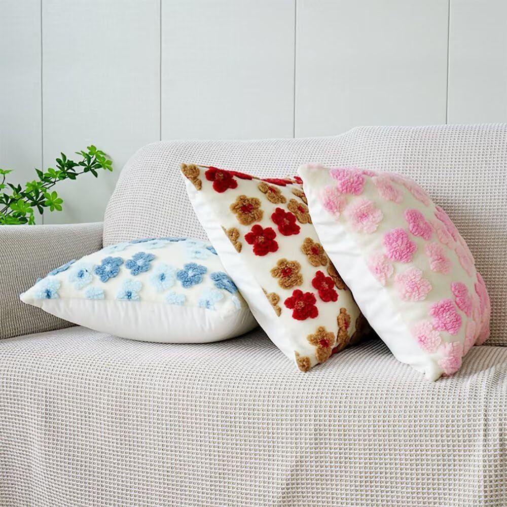 Green and Yellow Charming 3D Floral Plush Cushion Covers - Set of 4, 45x45cm Soft Faux Lambswool Pillowcases for Sofa & Bed Decor