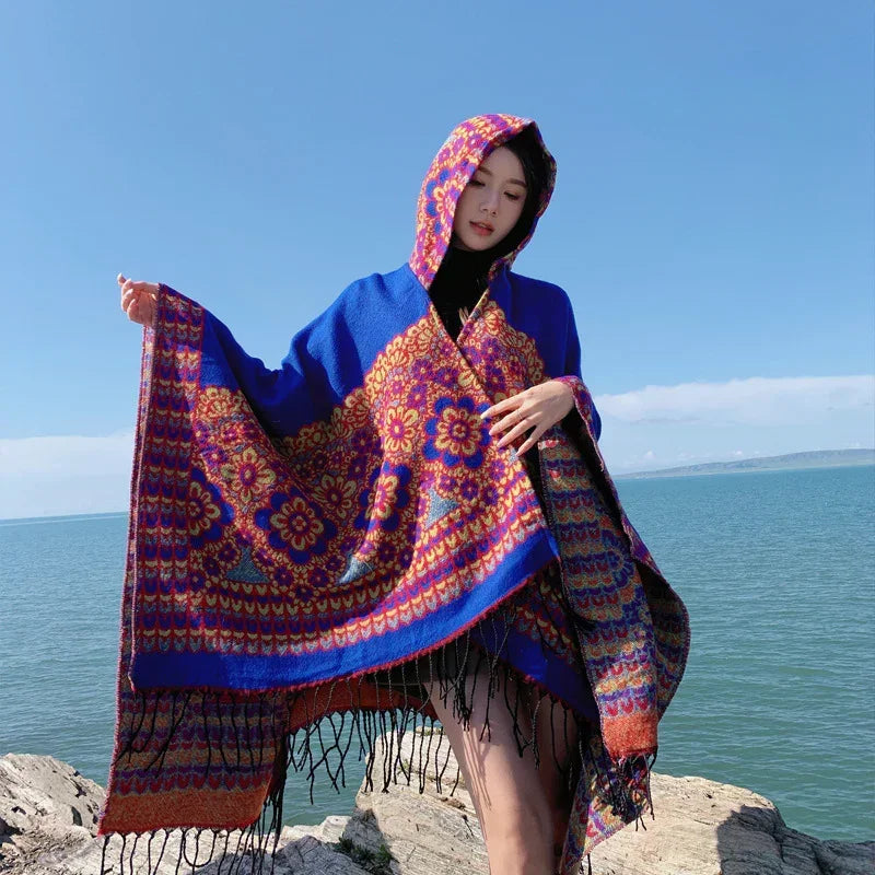 Hundred Flowers in Blue Soft Faux Cashmere Poncho Cape - Oversized Winter Shawl Wrap (130x150cm)