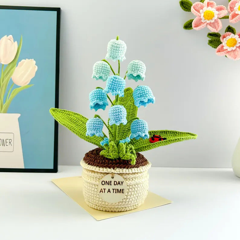 Blue Handmade Crochet Lily of the Valley Potted Plant - Gradient Blue Flower Decor Gift