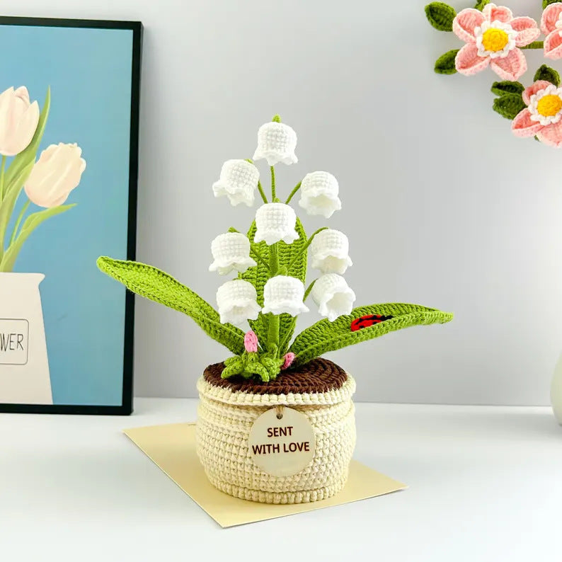 White Handmade Crochet Lily of the Valley Potted Plant - Gradient Blue Flower Decor Gift