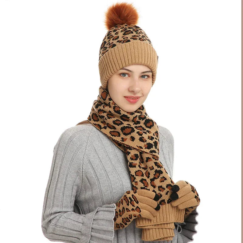 Khaki Women's Leopard Print Winter Warm Knit Set - 3 Piece Fleece Lined Hat, Scarf & Gloves