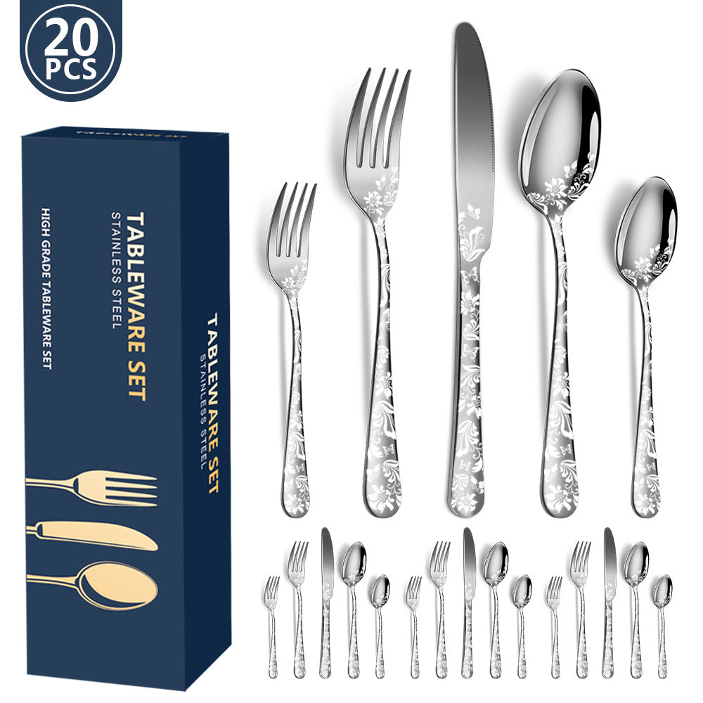 Silver Elegant 20-Piece Stainless Steel Cutlery Set with Floral Design - Dinner & Steak Knives, Forks, Spoons