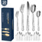 Silver Elegant 20-Piece Stainless Steel Cutlery Set with Floral Design - Dinner & Steak Knives, Forks, Spoons