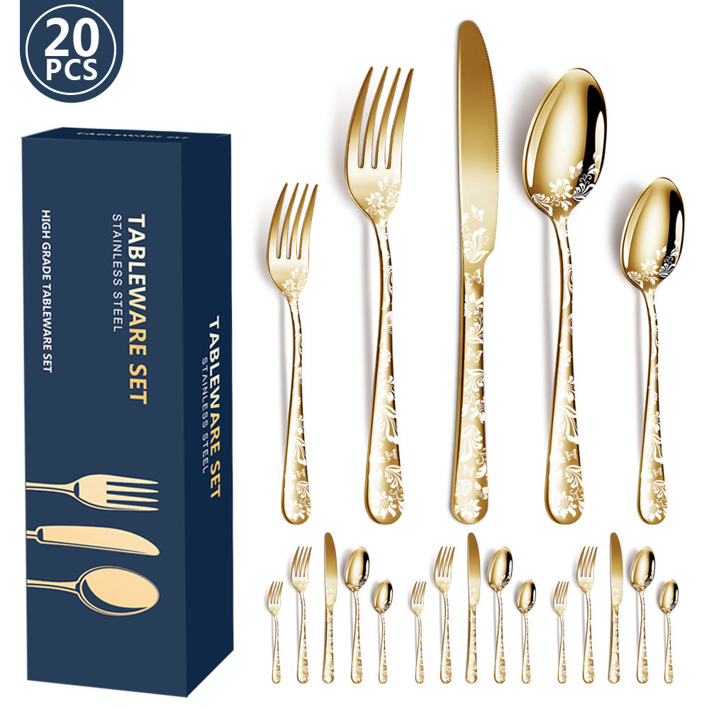 Gold Elegant 20-Piece Stainless Steel Cutlery Set with Floral Design - Dinner & Steak Knives, Forks, Spoons