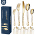 Gold Elegant 20-Piece Stainless Steel Cutlery Set with Floral Design - Dinner & Steak Knives, Forks, Spoons