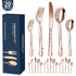 Rose Gold Elegant 20-Piece Stainless Steel Cutlery Set with Floral Design - Dinner & Steak Knives, Forks, Spoons