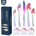 Multicolor Elegant 20-Piece Stainless Steel Cutlery Set with Floral Design - Dinner & Steak Knives, Forks, Spoons
