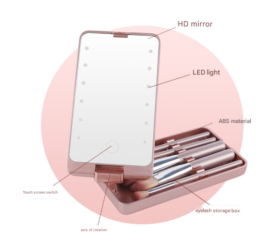 Pink LED Lighted Makeup Mirror with 5-Piece Cosmetic Brush Set and Dustproof Storage Case