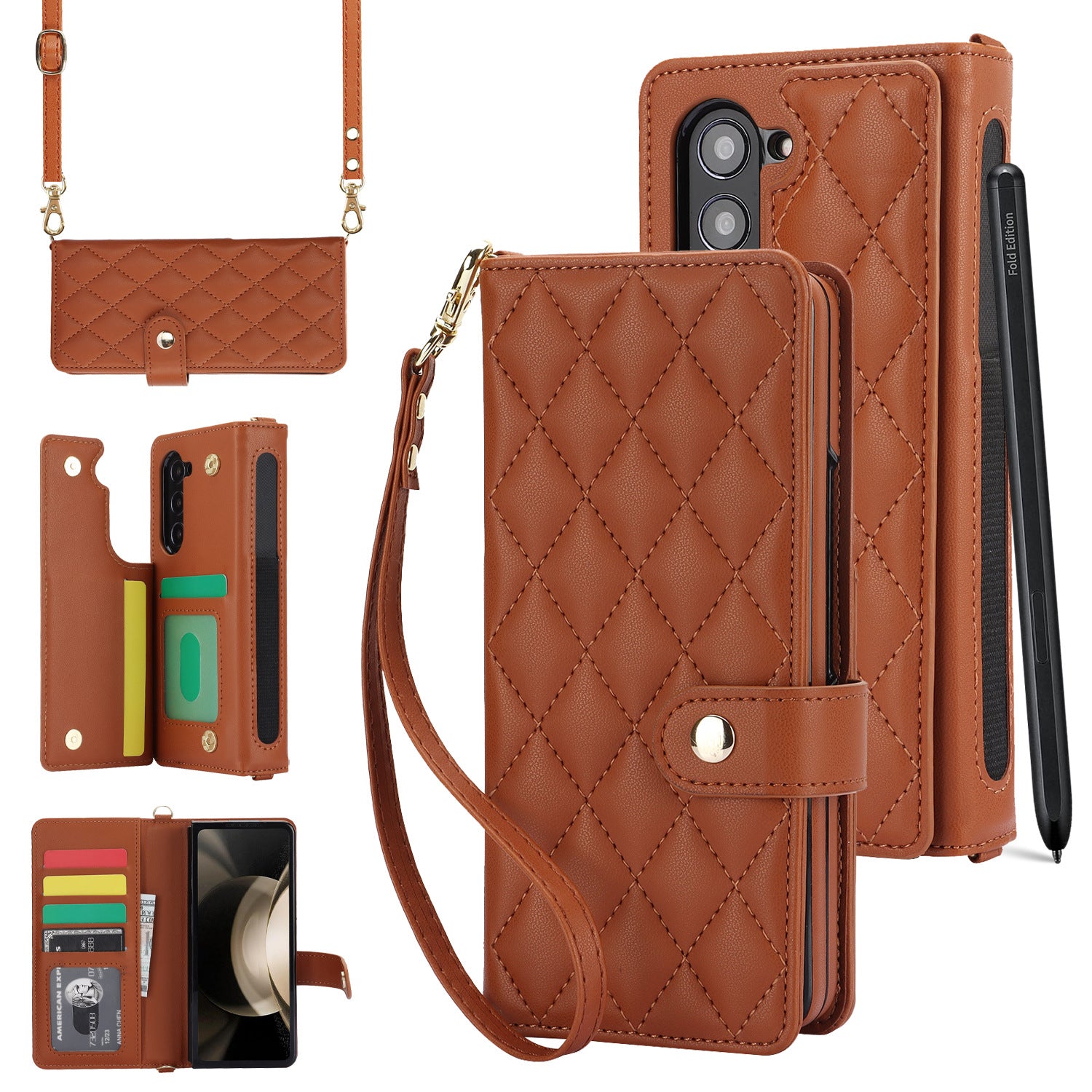 Brown Galaxy Z Fold3 Multi-Functional Leather Wallet Case for Samsung Z Fold Series - Crossbody with Pen Slot, Quilted Design Pen Not Included