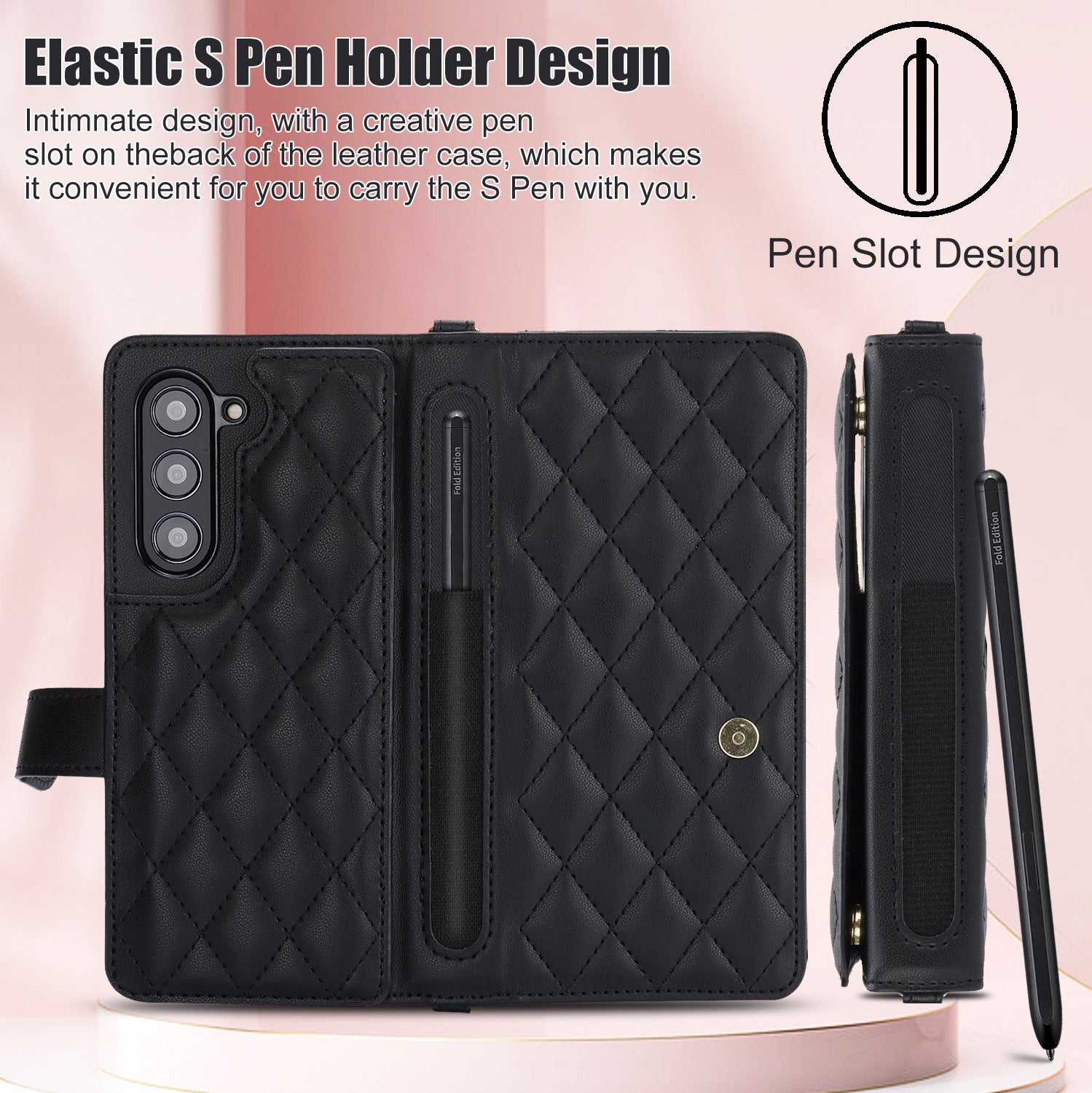 Brown Galaxy Z Fold5 Multi-Functional Leather Wallet Case for Samsung Z Fold Series - Crossbody with Pen Slot, Quilted Design Pen Not Included