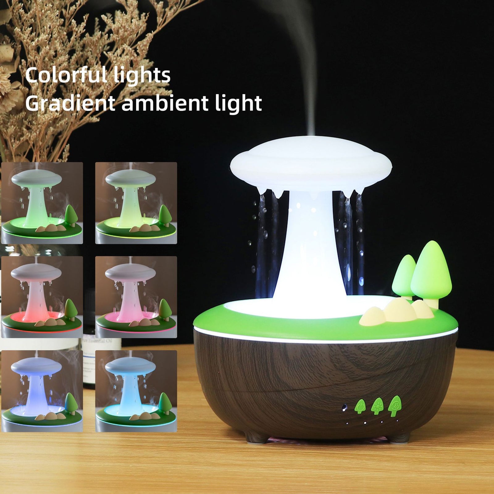 Dark Woodgrain Raindrop Mushroom Aroma Diffuser - 280mL Ultrasonic Humidifier with Colorful Lights