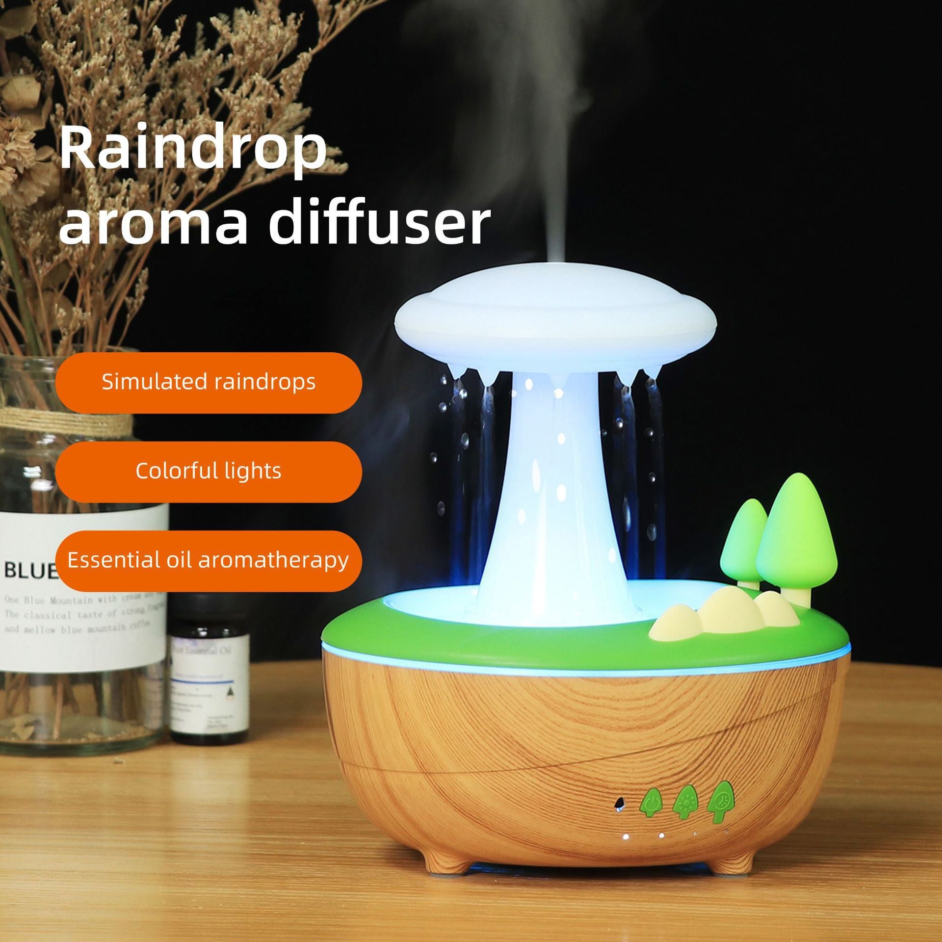 White Woodgrain Raindrop Mushroom Aroma Diffuser - 280mL Ultrasonic Humidifier with Colorful Lights