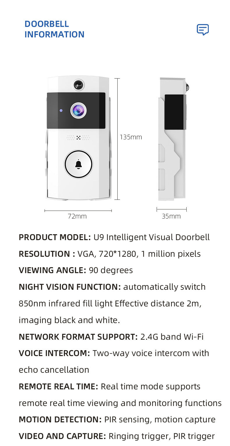 Transparent Rain Cover + Doorbell Combination HD Wireless Video Doorbell with Long-Lasting Battery
