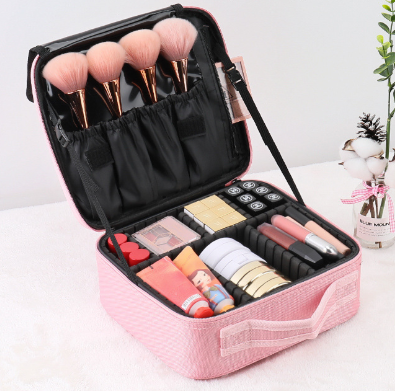 Pink Oxford Fabric Makeup Case with Mirror and Partitions - All-in-One Tool Box